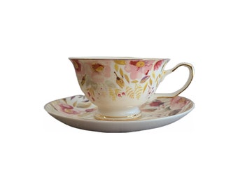 Floral Fest Tea Cup and Saucer, floral patterned teacup and saucer, Gift for Her