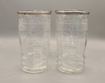 Juego de 4 vasos planos MacBeth-Evans Stippled Rose de 295 ml, cristalería de la época de la Gran Depresión con borde de platino, cristalería floral de la década de 1930, artículos de bar vintage.