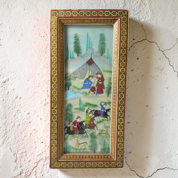 Vintage Persian Khatam Marquetry Art: Hunting Scene, Inlaid Wood Wall Decor