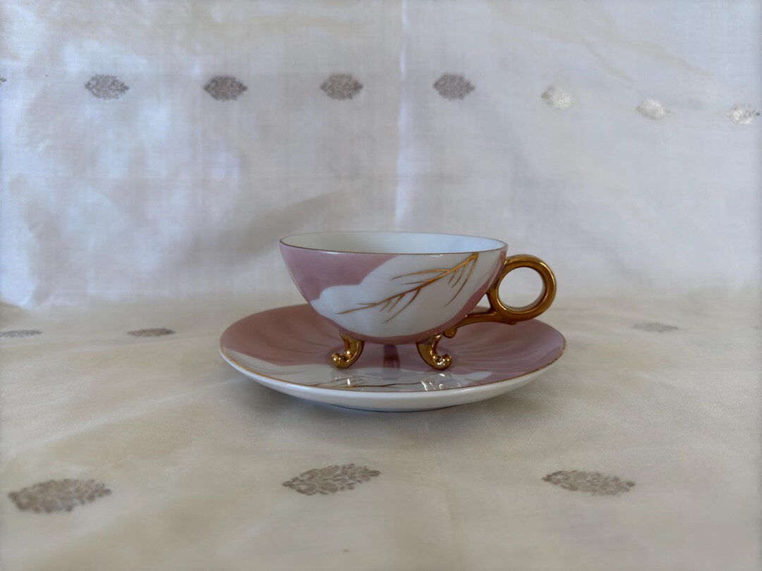 Tri-foot Pink and Gold Tea Cup and Saucer – Vintage Set, White Leaf ...