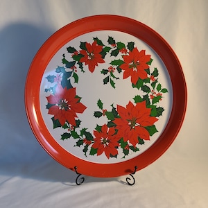 Vintage Poinsettia Flowers Hallmark Metal Round Serving Platter, Retro Christmas Cookie Tray Holiday Party Decoration, Christmas Decor