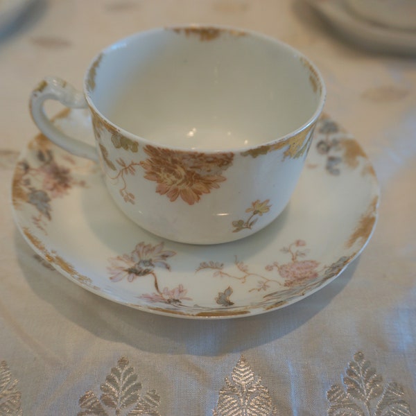 H & C L Limoges Chrysanthemum Schleiger 86a Flat Cup and Saucer Embossed Rim w/Gold Daubs Off Center Flowers Muted Tones (SOLD INDIVIDUALLY)