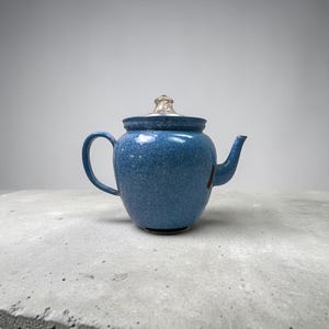 May include: A blue ceramic teapot with a speckled finish. The teapot has a curved handle, a spout, and a lid with a silver-colored knob. The teapot is sitting on a concrete surface. A small red design is visible on the side.