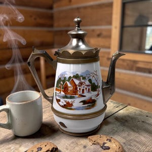 May include: A vintage white and silver teapot with a winter scene illustration, a ceramic mug, and chocolate chip cookies on a wooden table. Steam rises from the teapot, suggesting a warm beverage. The teapot has a decorative handle and lid.