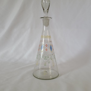 Vintage 1950s Glass Decanter, Handpainted Glass Decanter, Enamel Hand Painted Bottle with Stopper