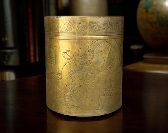 Vintage Brass Canister with Lid Asian Hand-Etched Storage Container MCM Decor
