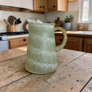 Vintage Spaghetti String Glass Pitcher Green Mid Century Modern Textured Ice Lip 9"
