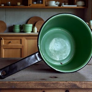 Puede incluir: Una cacerola vintage de esmalte verde con un mango negro largo descansa sobre una superficie de madera. El interior de la cacerola es de un verde vibrante, que contrasta con el mango negro. Utensilios de cocina.