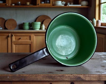 Puede incluir: Una cacerola vintage de esmalte verde con un mango negro largo descansa sobre una superficie de madera. El interior de la cacerola es de un verde vibrante, que contrasta con el mango negro. Utensilios de cocina.