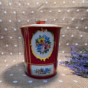 Vintage 1930s English Floral Tin Tea Caddy Container - Decorative Country Storage Box