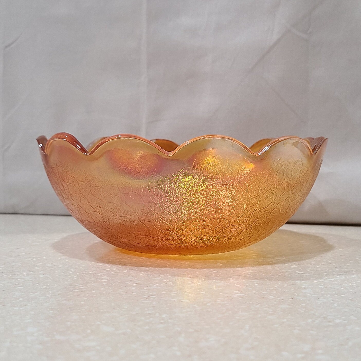 Vintage Floragold Scalloped Bowl, Glass Co, 1950s Champagne