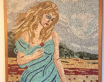 Mosaïque de marbre faite à la main, Art mural, Mosaïque romaine, Décoration intérieure, Carreaux, Dame blonde, Dame mosaïque, Art mural en mosaïque fait à la main