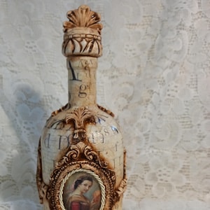 Handcrafted Baroque Bottle with Decoupage and Clay Elements - Vintage Glass Bottle with Patinas - Baroque Ladies Decor