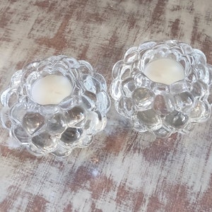 Orrefors Sweden Hallon crystal candle holder &quot;Raspberry&quot; pair of two