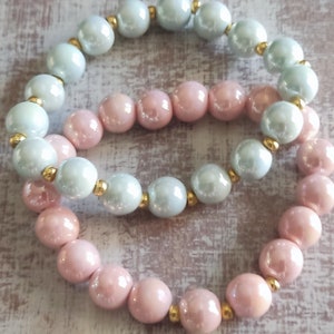 Ceramic glossy beads bracelets Pink and blue ceramic beaded bracelets  Women bracelets