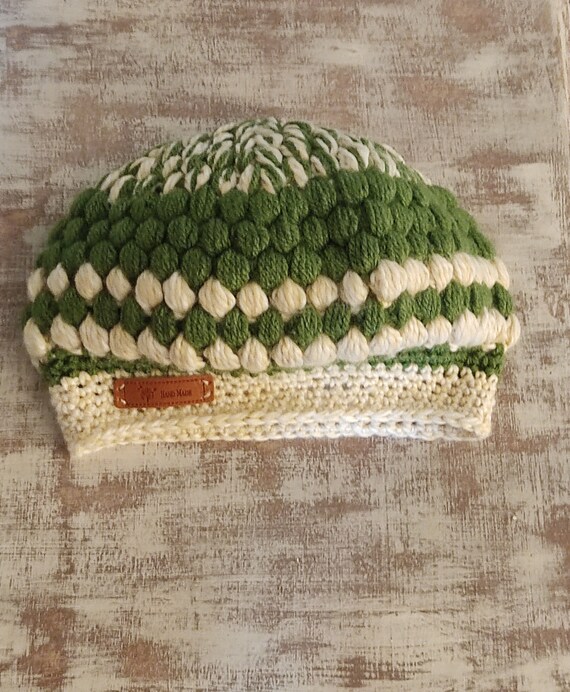 Elegant Green and Cream Crochet Hat Handmade Crochet Flower Beanie, Cream & Green Slouchy Hat - Etsy main image 3