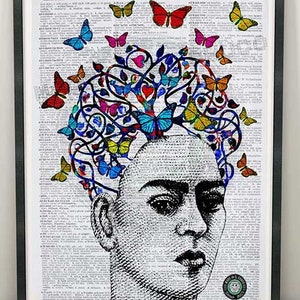Frida Butterflies Dictionary Page Print Wall Art Office Apartment Decor