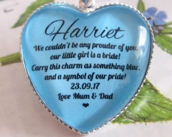 Bride To Be Gift Something Blue Personalised Bouquet Charm Heart Shaped Custom Name And Date Quote Gift