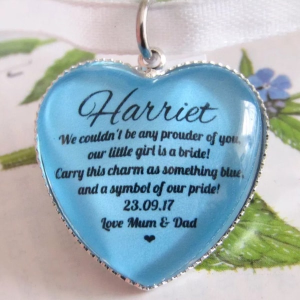 Bride To Be Gift Something Blue Personalised Bouquet Charm Heart Shaped Custom Name And Date Quote Gift