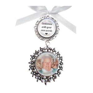 Photo Bouquet Charm Walk With Me Dad Memory Picture Pendant Silver Floral Bridal Charm Personalised Remembrance Gift (Grandad Mum Nan etc)