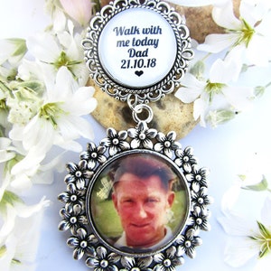 Photo Bouquet Charm Walk With Me Dad Memory Picture Pendant Silver Floral Bridal Charm Personalised Remembrance Gift (Grandad Mum Nan etc)