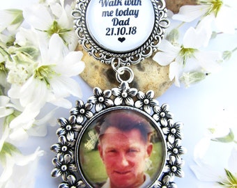 Photo Bouquet Charm Walk With Me Dad Memory Picture Pendant Silver Floral Bridal Charm Personalised Remembrance Gift (Grandad Mum Nan etc)