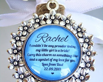 Bride To Be Gift Something Blue Silver Plated Personalised Floral Bouquet Charm Custom Name And Date Quote Gift For Bride From Mum or Dad