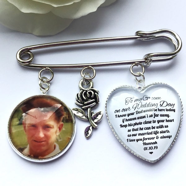 Groom Photo Buttonhole Gift From Bride Wedding Day Memory Charm Buttoniere Grooms Present Pin Badge Picture Charm Heart Quote custom picture