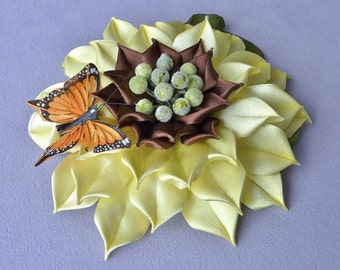 Sunflower fascinator, Floral Headpiece, Sunflower and feather Monarch butterfly hair clip YELLOW, ORANGE and BROWN