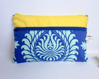 Double Zip Cosmetics Bag in Deep Blue and Yellow Cotton, Pencil Case or Makeup Bag. Bright Yellow and Blue Pouch.