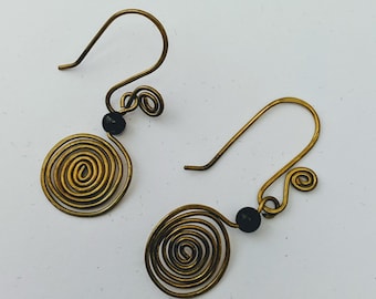 Small Sacred Spiral Earrings - Obsidian Bead - Celtic - Egyptian - Byzantine