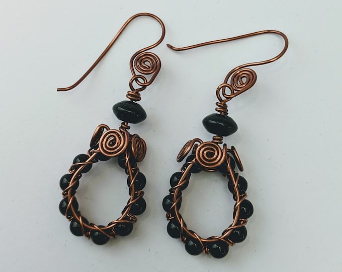 Obsidian Spiral Wire Hoop Earrings - Aztec Egyptian Native American