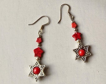 Patriotic Earrings - Red Stars A - Howlite Stars - Bamboo Coral Bead