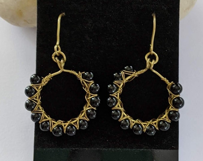 Obsidian Hoops w Bronze  - Renaissance Earrings - Elizabethan - Italian