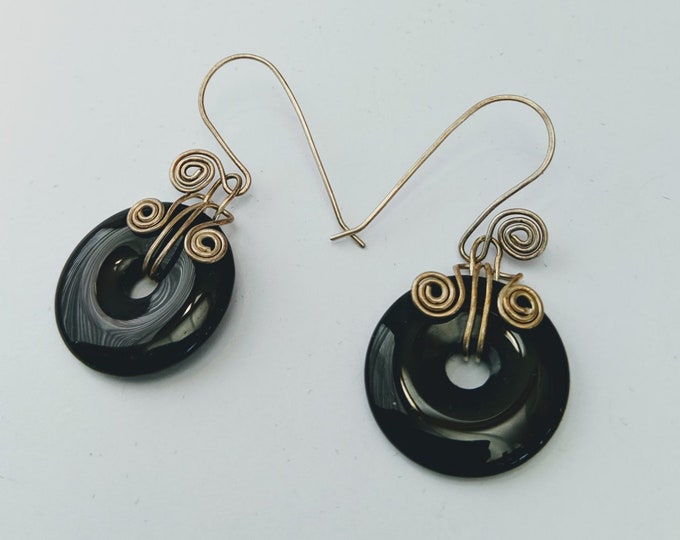 Onyx Donut Earrings with Celtic Spirals and Spiral Earwires