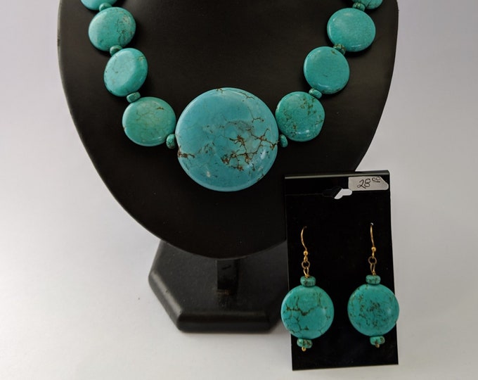 Turquoise Coin Set - Mayan Aztec Native American - Necklace & Earrings