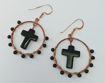 Dragon Glass Obsidian Cross Hoops