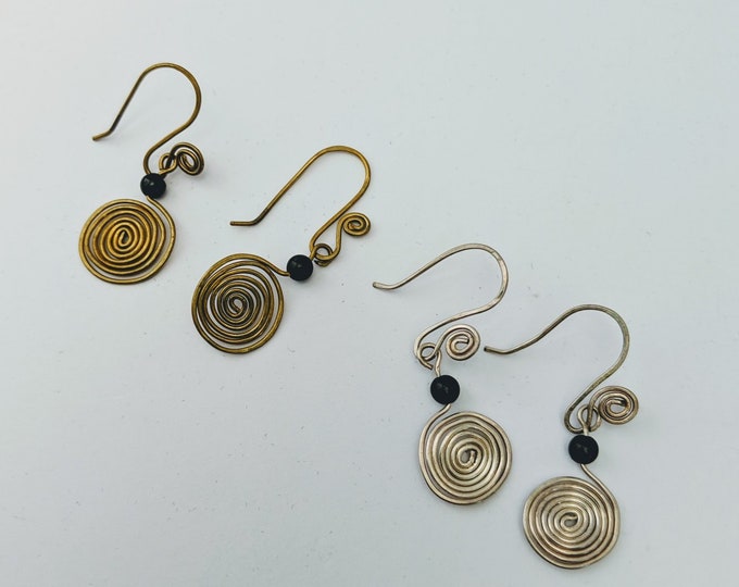 Sacred Spiral Earrings - Obsidian Bead - Celtic - Egyptian - Byzantine