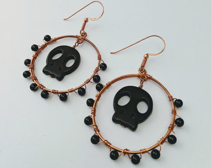 Happy Halloween! Aztec Native American Memento Mori Obsidian Skull Hoops