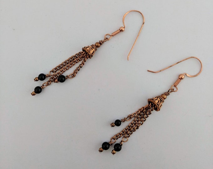 Temple Bell Earrings with Chains and Obsidian  - Dragon Glass Lava