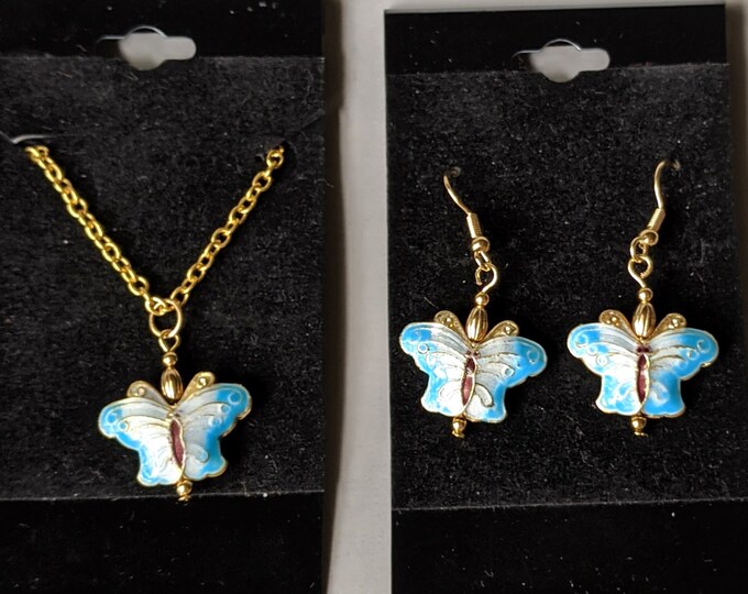 Enameled Butterfly Earrings and Necklace Set - Good Luck Symbol