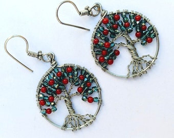 Apple Tree of Knowledge Earrings - Red Coral & Green Glass Beads