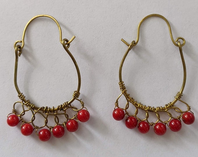 Coral Hoops w Bronze  - Renaissance Earrings - Elizabethan - Italian