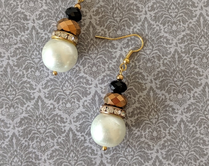 Elizabethan Pearl and Jet Crystal Dangles - Renaissance Earrings