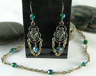 Scarab Earrings and Necklace Set - Green AB Crystals - Love Egyptian