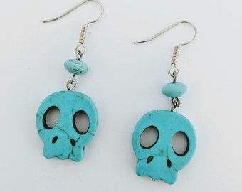 Aztec Native American Memento Mori Turquoise Skull Earrings