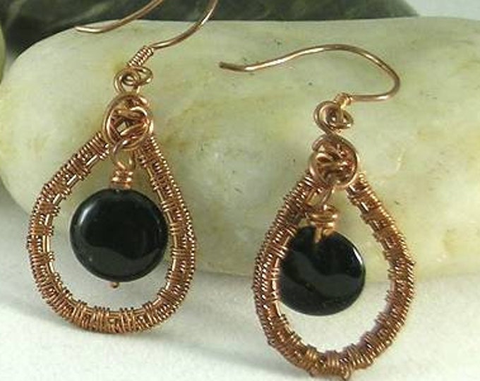 Onyx Coin Woven Wire Loop Earrings