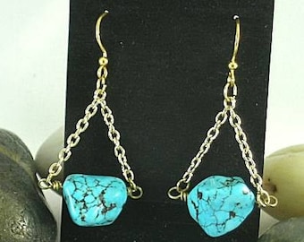 Turquoise Nugget Chain Earrings - Native American - Aztec - Southwest