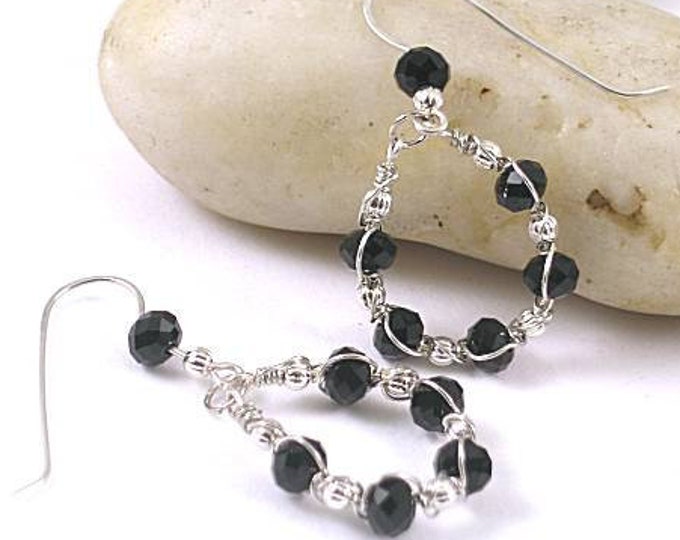 Faceted Onyx Wire Wrapped Hoop Earrings