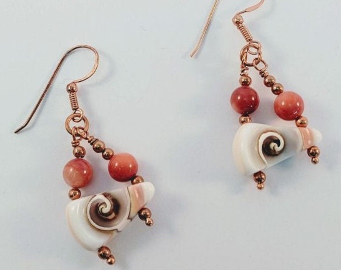 Shell Sacred Spiral Earrings w/ Natural Shell Beads - Copper Ear Wires